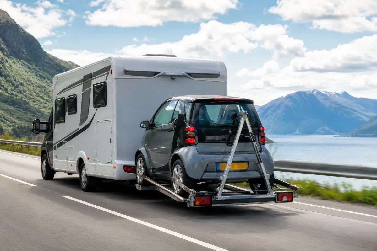auto achter camper slepen